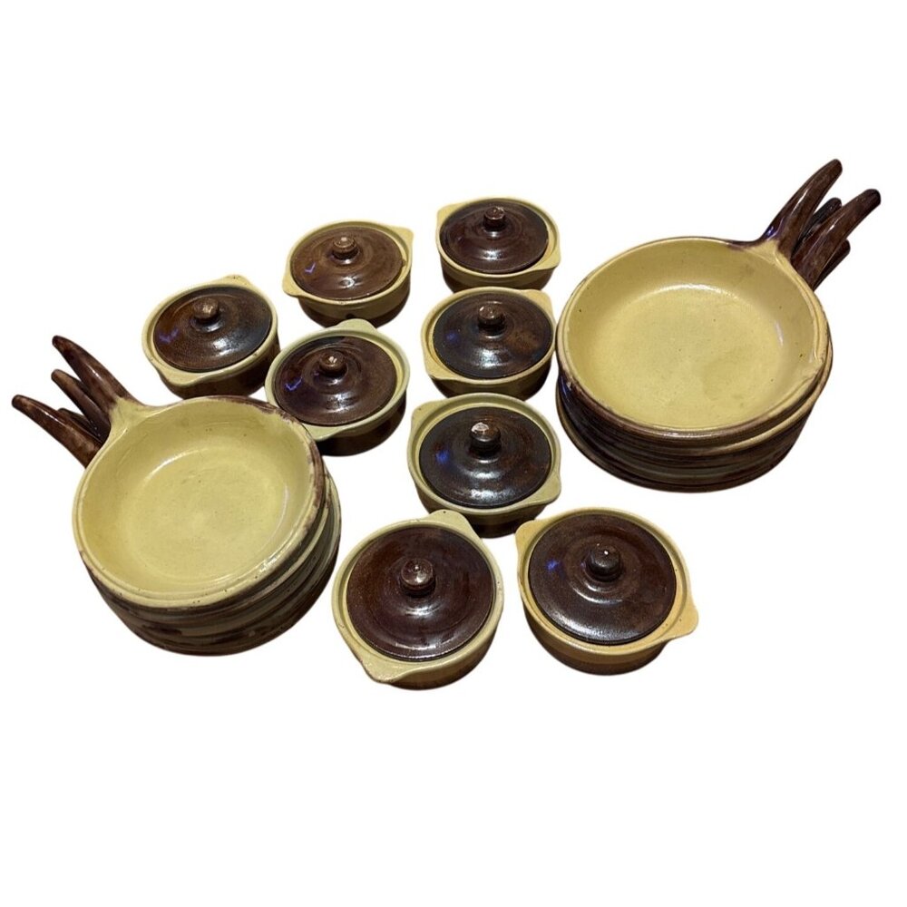 Rare Set Of Vtg Artisan crocks & Plates Brown & tan drip Clay MCM Pull Handles